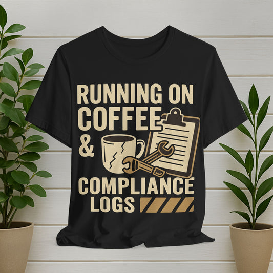 Running on Coffee & Compliance Logs T-Shirt — Funny Compliance Officer Tee