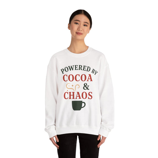 Sweatshirt — "Powered by Cocoa & Chaos" Cozy Holiday Crewneck