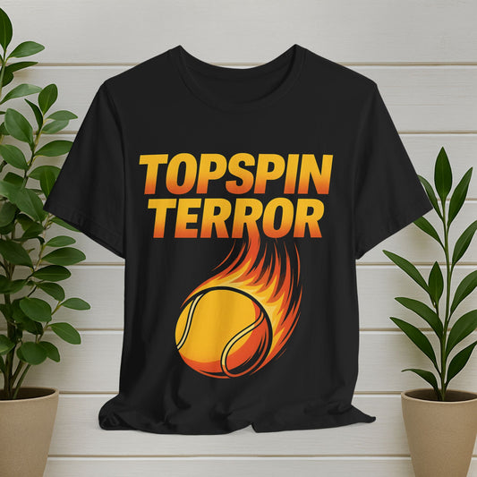 Topspin Terror Tennis Tee — Flaming Tennis Ball Graphic Shirt