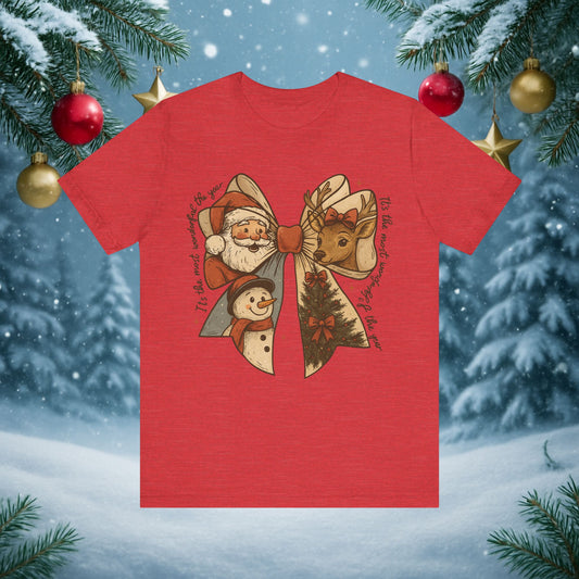 Christmas Bow Tee - Unisex Jersey Short Sleeve Tee Vintage Santa Reindeer Snowman Holiday Shirt