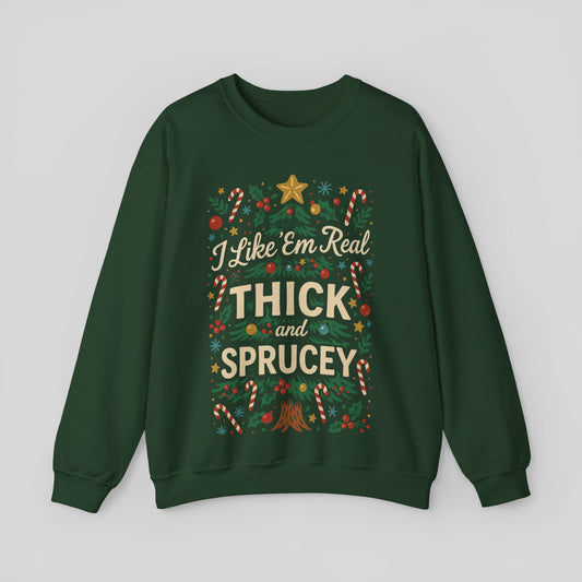 Christmas Sweatshirt - "I Like 'Em Real Thick and Sprucey" Holiday Crewneck