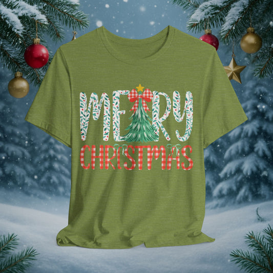 Merry Christmas Tee — Festive Tree & Plaid Holiday Shirt