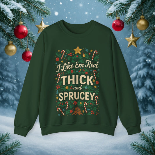 "I Like 'Em Real Thick and Sprucey" Holiday Crewneck