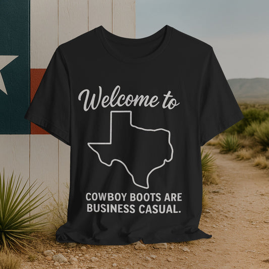 Welcome to Texas Tee — "Cowboy Boots Are Business Casual" Graphic T-Shirt