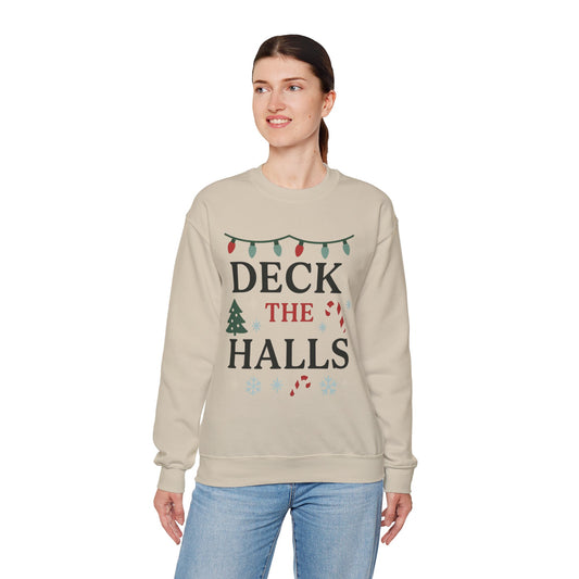 Deck the Halls Christmas Sweatshirt — Festive Holiday Crewneck with Lights & Candy Canes