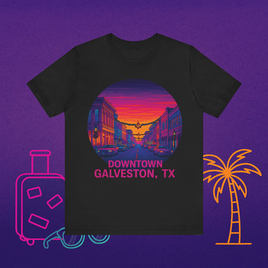 Downtown Galveston, TX Retro Sunset Tee