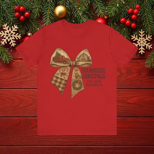 Farmhouse Christmas Tee – Rustic Bow 'Farmhouse Christmas EST. 25th December' Holiday Shirt