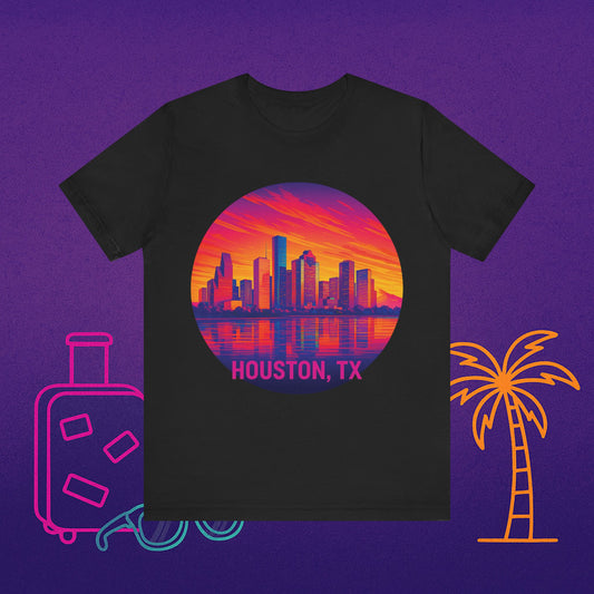 Houston Skyline Tee — Retro Sunset Cityscape (Houston, TX)