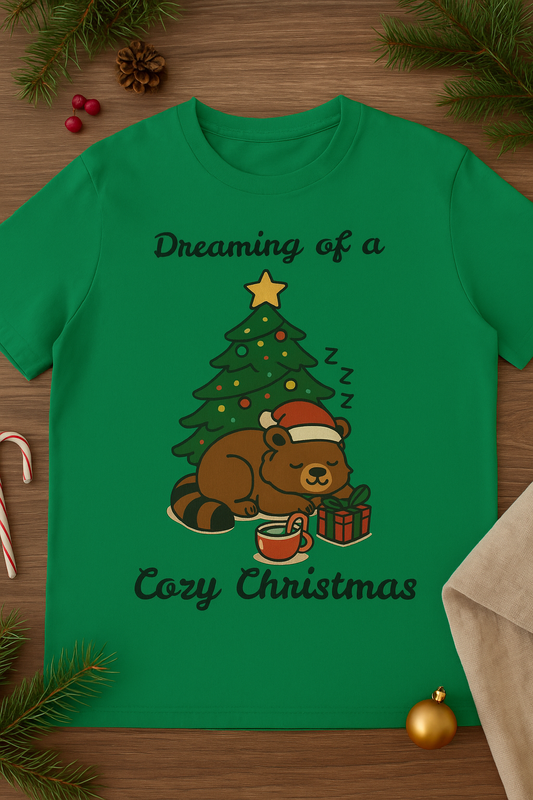 Cozy Christmas T‑Shirt — "Dreaming of a Cozy Christmas" Bear & Tree Holiday Tee