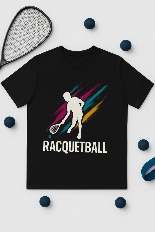 Racquetball Player Graphic Tee — Retro Brushstroke Sports T-Shirt