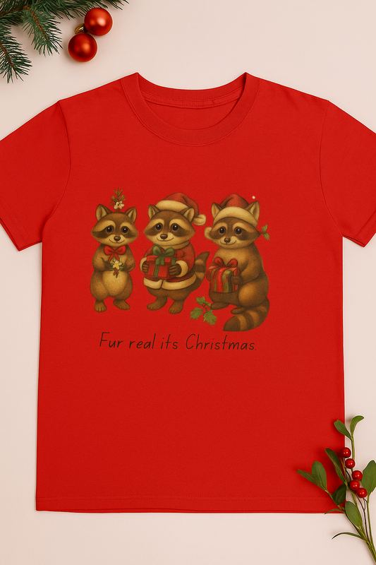 Christmas Raccoon Trio Tee – “Fur real it’s Christmas” Holiday T-Shirt