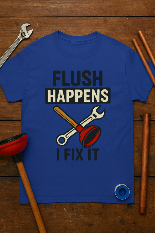 Plumber Tee — "Flush Happens, I Fix It" Toilet Repair T-Shirt
