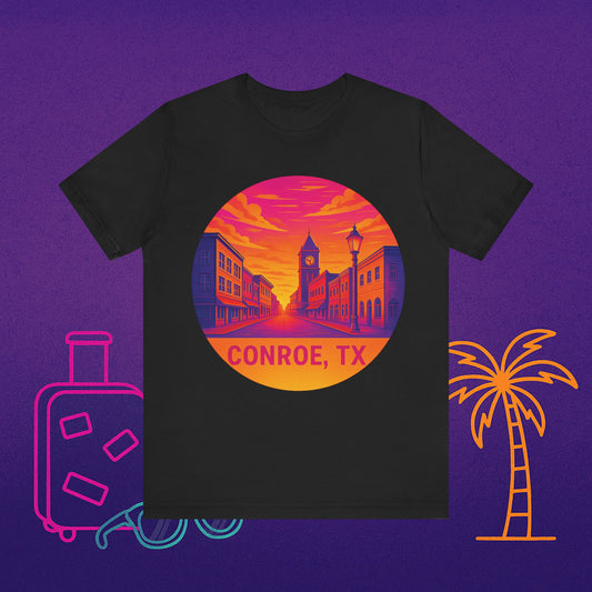 Conroe, TX Sunset Tee — Retro Downtown Scenic Graphic Shirt
