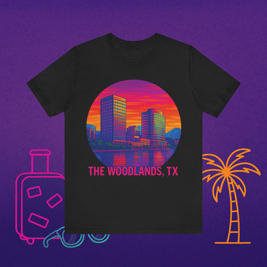 The Woodlands, TX Skyline Tee — Retro Sunset Cityscape T‑Shirt
