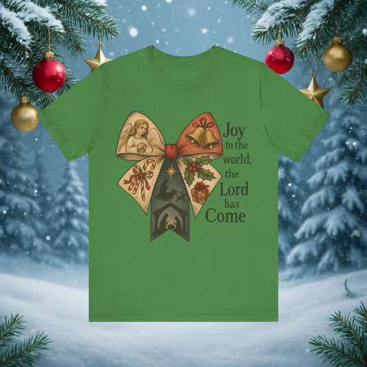 Joy to the World Christmas Tee — Vintage Nativity Bow Holiday T‑Shirt