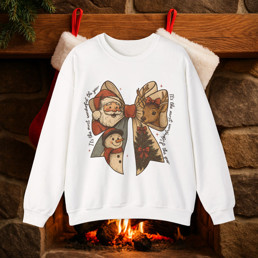 Christmas Bow Crewneck Sweatshirt – Santa, Reindeer & Snowman Holiday Design